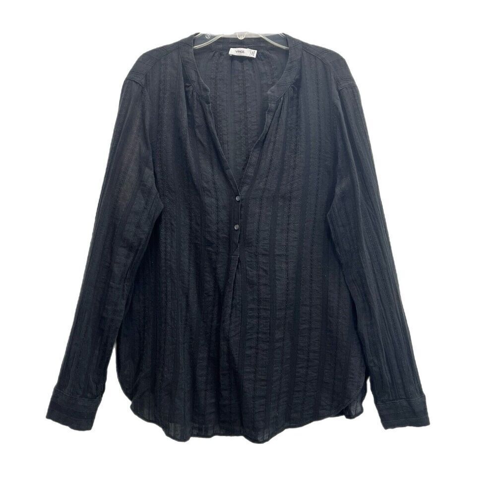 Vince Black Semi-Sheer Textured Pullover Henley Top size 8 Blouse Grunge
